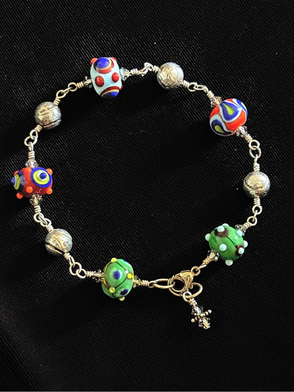 Vintage Estate Artisan Made Lampwork Beads 925 Silver Bracelet